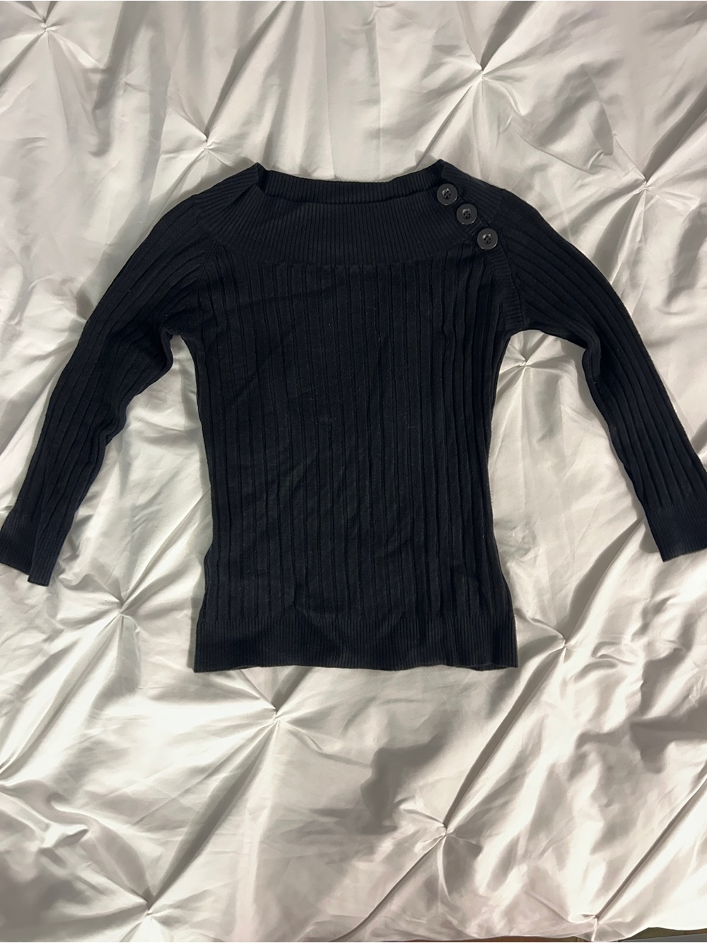 Black Ribbed Button-Shoulder Long Sleeve Top - Picture 3 of 3